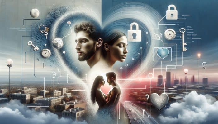 A couple on a video call, sharing emotions, with symbols of trust and distant cities connected by a heart.