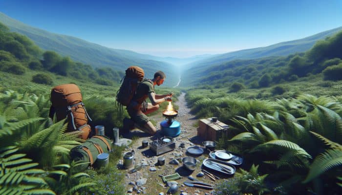 A minimalist camper using a solid fuel stove on the Appalachian Trail, surrounded by greenery.