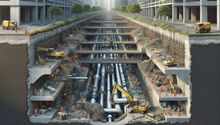 A contemporary concrete drainage system under construction in New Westminster, featuring workers and machinery.