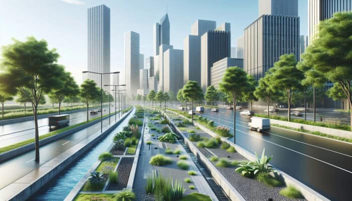 A modern urban scene in New Westminster showcasing permeable concrete, intelligent drainage systems, and green infrastructure.