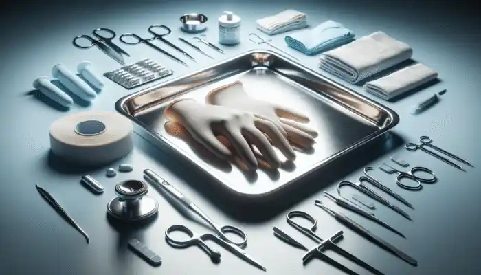 Close-up of hypoallergenic nitrile gloves on a medical tray surrounded by various tools in a sterile hospital environment.
