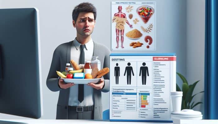 A confused individual with digestive issues and fatigue, holding gluten and dairy products, near a food intolerance test kit in a clinic.