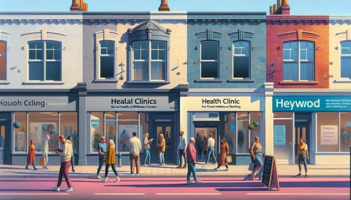 A bustling street in Heywood with signs for clinics offering food intolerance testing, as people come and go.