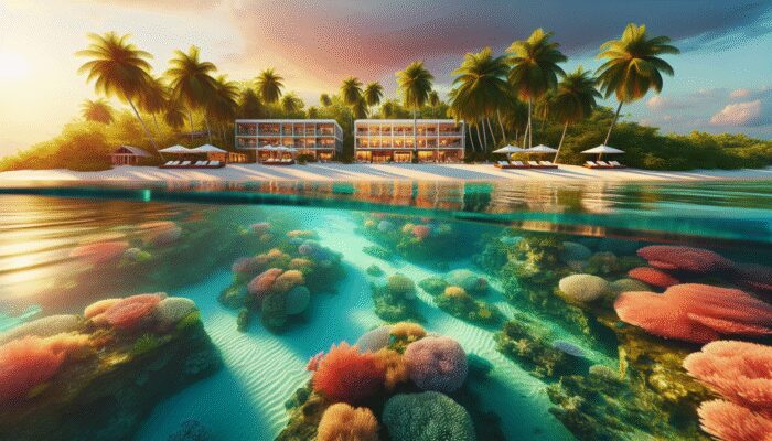 A peaceful Belizean beachfront with eco-friendly hotels, palm trees, and a vibrant sunset.