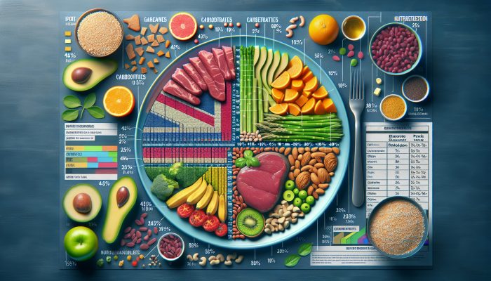 A balanced UK meal plate with carbs, protein, and fats from various sources, showcasing vibrant colours.