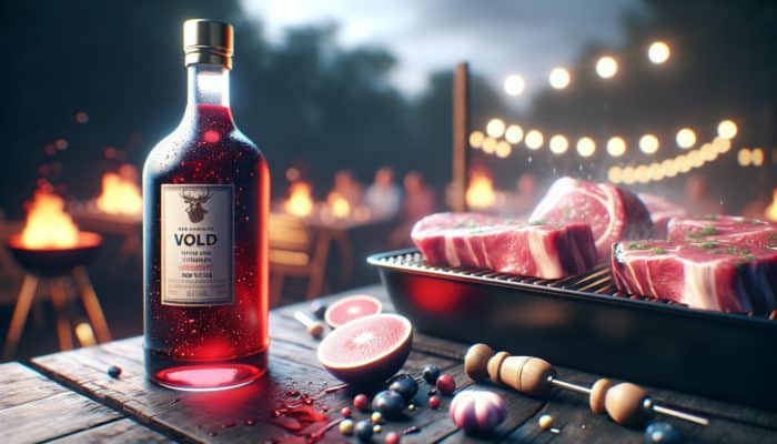 A bottle of bold, fruity red wine vinegar used to mop lamb and beef at a BBQ, enhancing flavours.