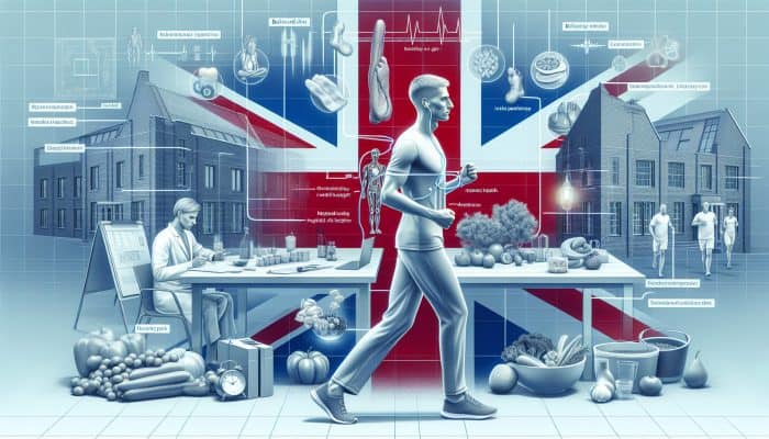 Illustration of a UK man's health routine, including gym, diet, mental health, and check-ups in a modern urban setting.