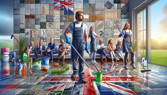 Australian cleaning team using biodegradable products on tiles, showcasing eco-friendly methods and exceptional service.