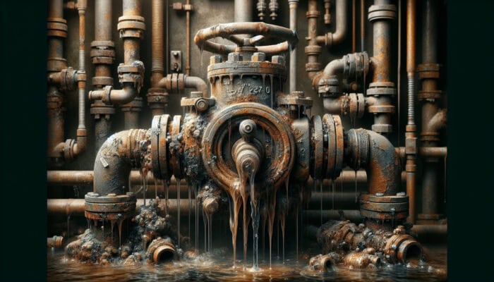 A leaking, corroded water valve surrounded by rust, sediment, and discoloured water, with a stuck handle, near plumbing fixtures.