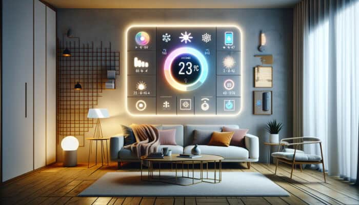 Smart thermostat installed on a wall in a modern living room, managed by a smartphone, with sensors monitoring the heating system.