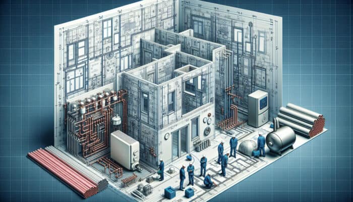Blueprint of a building, highlighting insulation and layout, surrounded by high-quality hydronic heating components, overseen by local specialists.