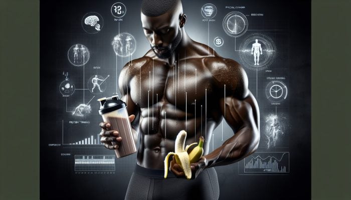 A muscular athlete with a protein shake and banana, illustrating nutrient timing for muscle growth and recovery.
