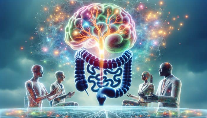 A vibrant neural network linked to a flourishing digestive system, with experts discussing the connections.