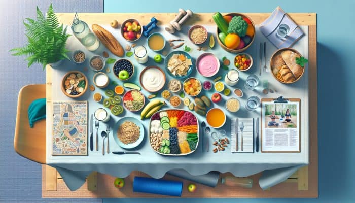 A table featuring gut-healthy foods such as yogurt, kefir, and vegetables, surrounded by water, exercise equipment, and a yoga setting.