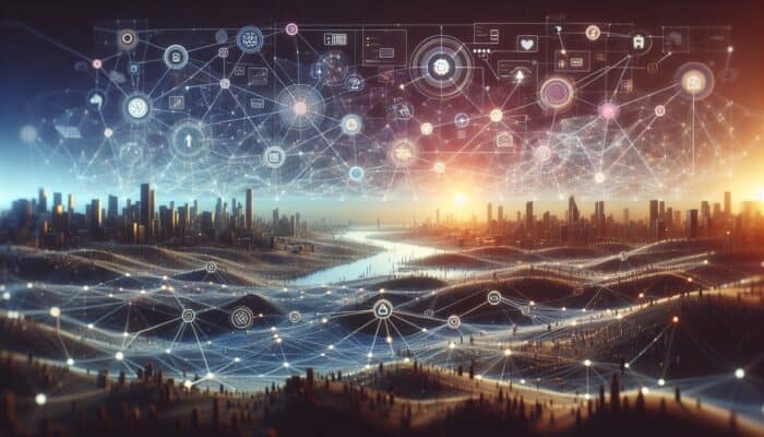 Interconnected nodes of structured data enhancing Google Knowledge Graph with schema markup symbols.