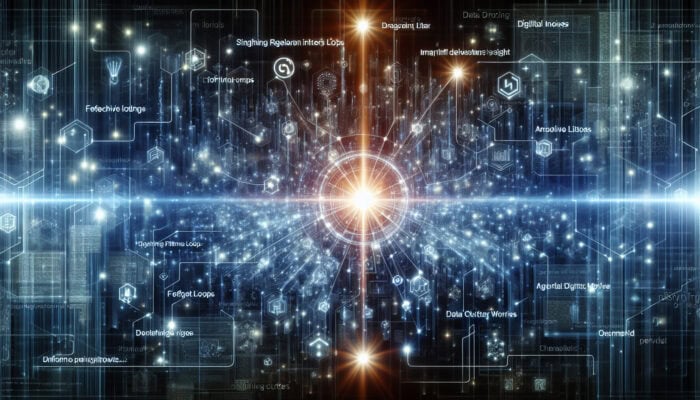 A network of glowing data streams with filters highlighting insights, symbolising feedback loop challenges.