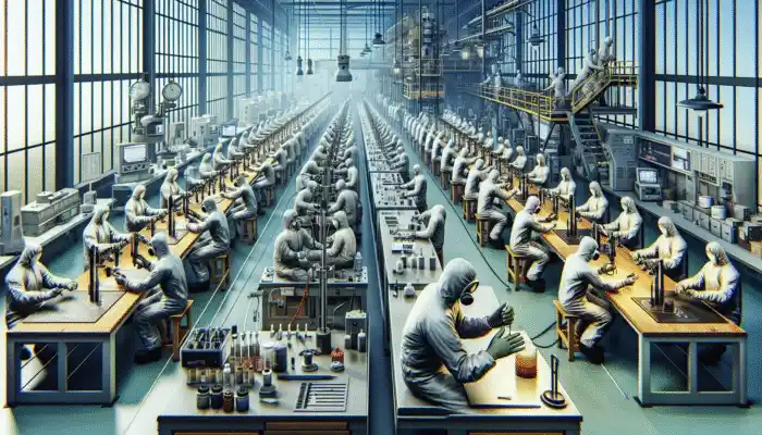 Workers in Goole conducting lab tests on safety gloves with advanced equipment to ensure quality and durability.