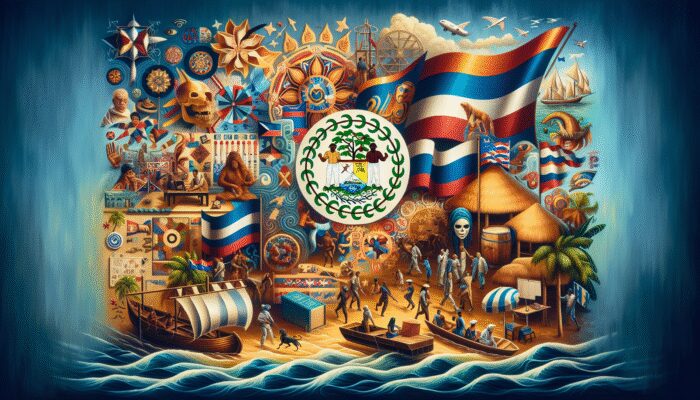 A tapestry illustrating the cultural evolution of Belize with Creole, Garifuna, and colonial influences, reflecting modern identity.