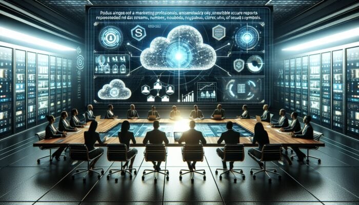 A futuristic control room displaying a holographic representation of data streams, surrounded by secure cloud symbols, as a marketing team analyses real-time reports.