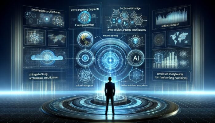 A modern marketing office featuring AI, machine learning, and enhanced cloud security measures.