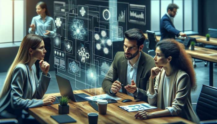 A dedicated small business team analysing digital marketing data on multiple screens while discussing strategies with an expert consultant.