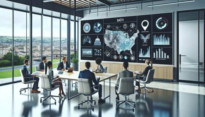 Modern office in Bath with digital city map, SEO analytics, and team strategising local business optimisation.