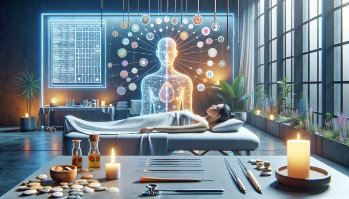 A serene acupuncture session with herbal medicine, mindfulness, and modern tech in a tranquil holistic clinic.