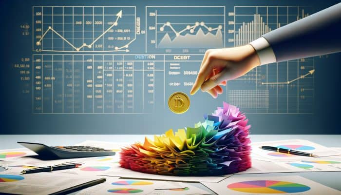 How to Flip Debt Consolidation into Savings: UK Guide | DCL A person converting colourful debt papers into a gold savings coin on a desk with financial graphs.