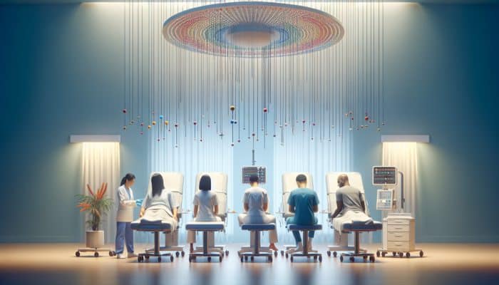 A diverse group of patients receiving acupuncture in a tranquil UK hospital environment, part of NHS pain management initiatives.