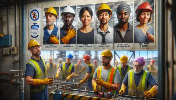 Various Stamford workers wearing safety gloves in an industrial environment with safety posters.
