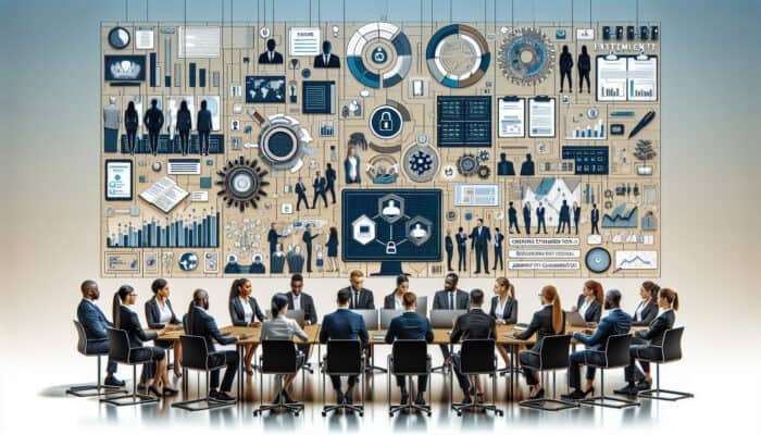 Diverse staff in modern office undergoing training on standardized record-keeping protocols with digital tools and legal documents.