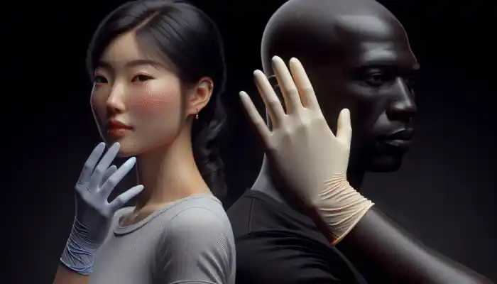 A person wearing thin latex gloves for delicate tasks and thick nitrile gloves for hazardous materials, showing material and thickness differences.