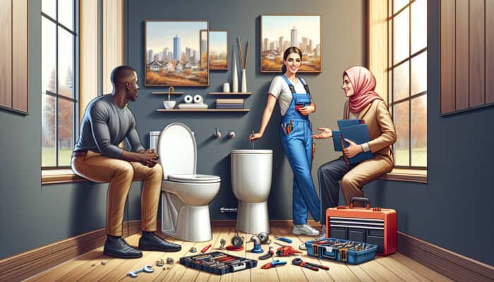 A skilled plumber installing a modern toilet in a stylish Chilliwack bathroom, equipped with tools and a satisfied customer.