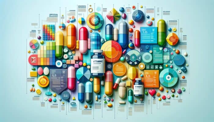 Colourful infographic providing tips for creating supplement-centric content, featuring vitamins and capsules.