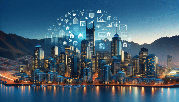 Queenstown skyline at twilight featuring modern structures, luxury residences, and financial graphs representing property investment.