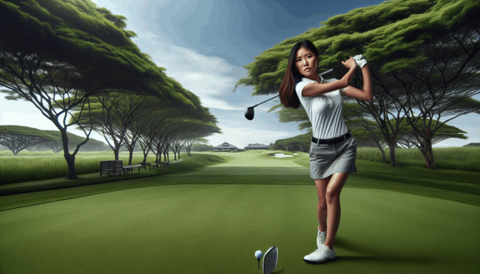 Golfer swinging fairway wood on lush green fairway, focused, under sunny blue sky, near trees and clubhouse.