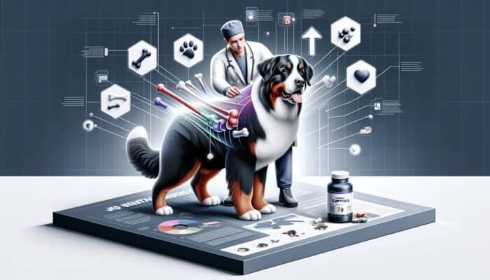 Infographic on joint health supplements for Bernese Mountain Dogs, featuring vet examination and recommendations.