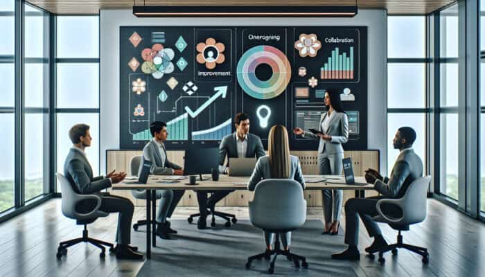 A virtual assistant in a modern office, reviewing performance with a team, surrounded by feedback charts and training materials.