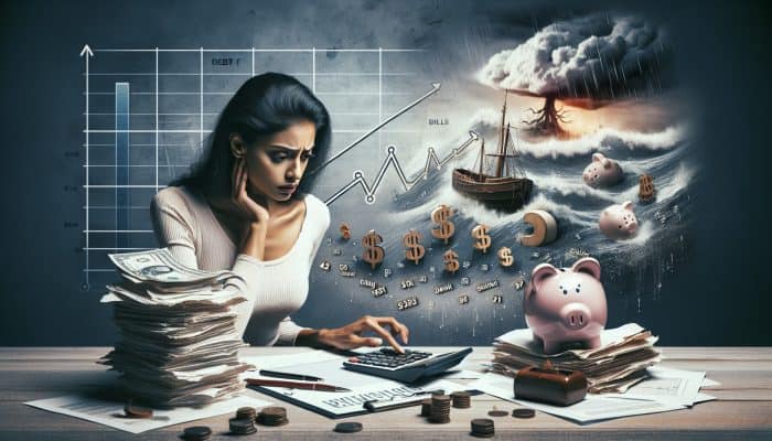 A person calculating debt consolidation costs amidst bills and financial statements, looking concerned.