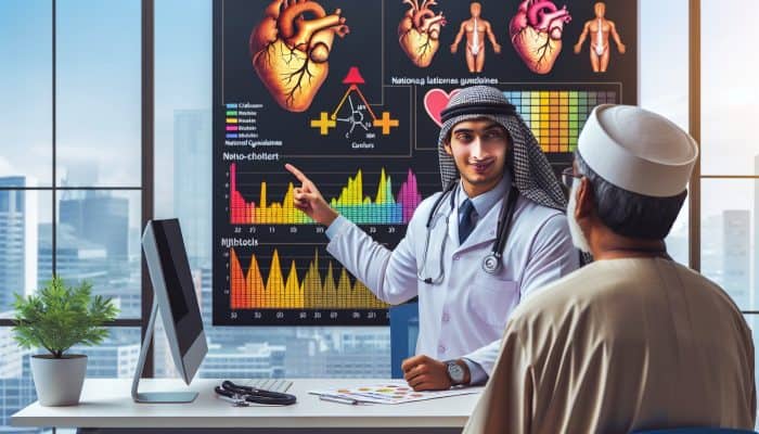 Doctor in a modern Portsmouth clinic explains cholesterol chart below 5 mmol/L to patient, surrounded by heart diagrams and stethoscopes.