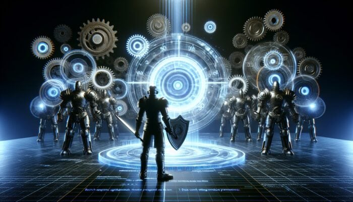 A chaotic digital battlefield with morphing algorithms as gears, brands as armored warriors, and an SEO expert refining content on a holographic screen.
