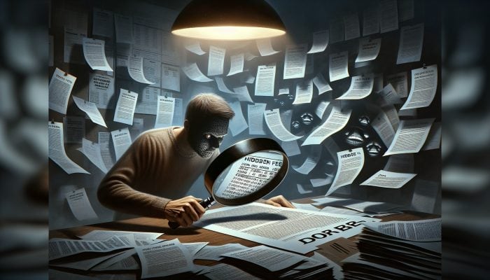 How to Spot Overpriced Consolidation Loans: UK Guide | DCL A borrower examines loan agreement with magnifying glass, revealing hidden fees in fine print, looking concerned in dim office.