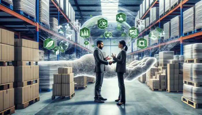 Busy Sheffield warehouse: Professional negotiating bulk PVC gloves with supplier amid pallets, eco packaging, and sustainability symbols.