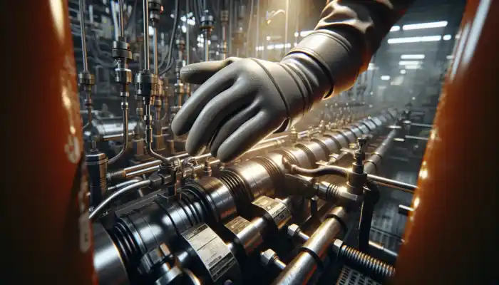 PVC Work Gloves in Croydon: Durable PVC work gloves on a worker's hands in a bustling Manchester factory, handling oily machinery with precision and chemical resistance.