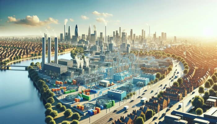 A vibrant UK cityscape showcasing advanced waste management infrastructure, including recycling and waste-to-energy plants, with government and private sector collaboration.