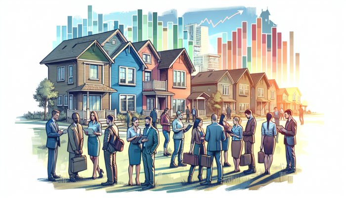 In Ladysmith, buyers analyze colorful charts of property price trends and maps of urban versus suburban demand, with agents negotiating deals amid modern homes and apartments.