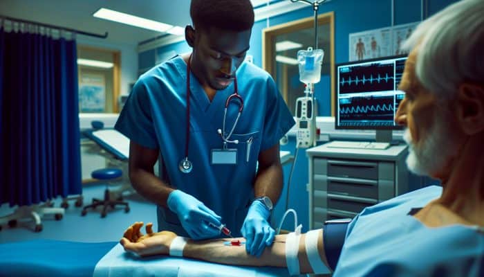 A healthcare professional in blue scrubs disinfects a patient's arm and draws blood in a modern Stirling clinic with soft lighting.