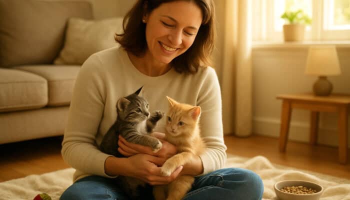 Smiling foster parent cradling playful kittens on a blanket, surrounded by toys and sunlight.