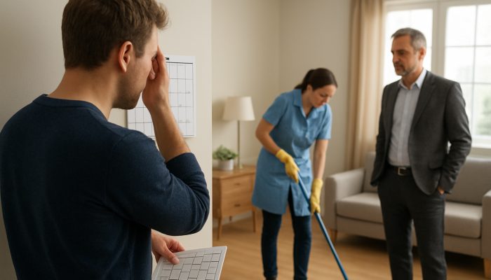 Tenant checks calendar in UK apartment during end-of-tenancy cleaning with cleaner and landlord.