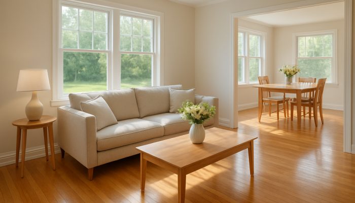 Spotless Somerton home interior with gleaming wooden floors, neat furniture, and fresh flowers.